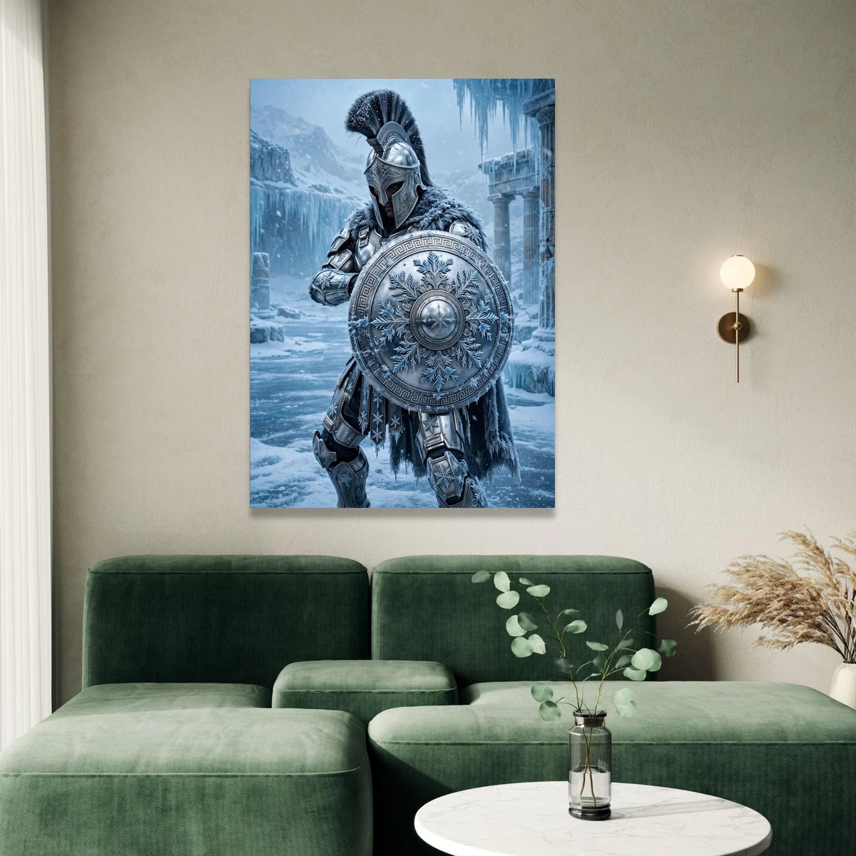 Frosted Spartan Warrior Canvas, Ice Age Armor Art, Snowy Battle Scene Wall Decor, Ancient Greece Shield Design, Winter Canvas Print Art