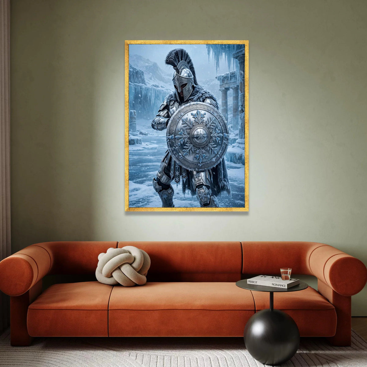 Frosted Spartan Warrior Canvas, Ice Age Armor Art, Snowy Battle Scene Wall Decor, Ancient Greece Shield Design, Winter Canvas Print Art