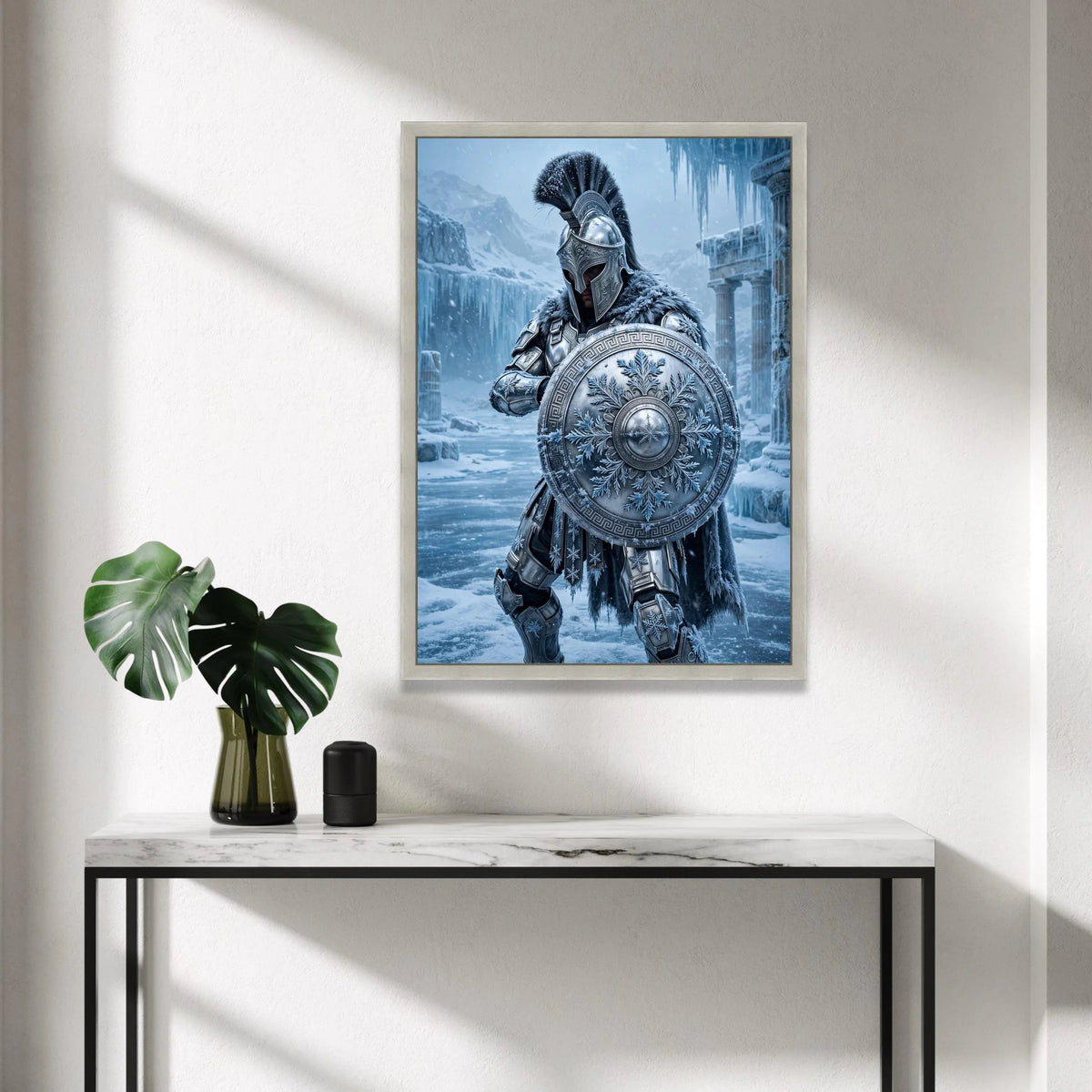 Frosted Spartan Warrior Canvas, Ice Age Armor Art, Snowy Battle Scene Wall Decor, Ancient Greece Shield Design, Winter Canvas Print Art