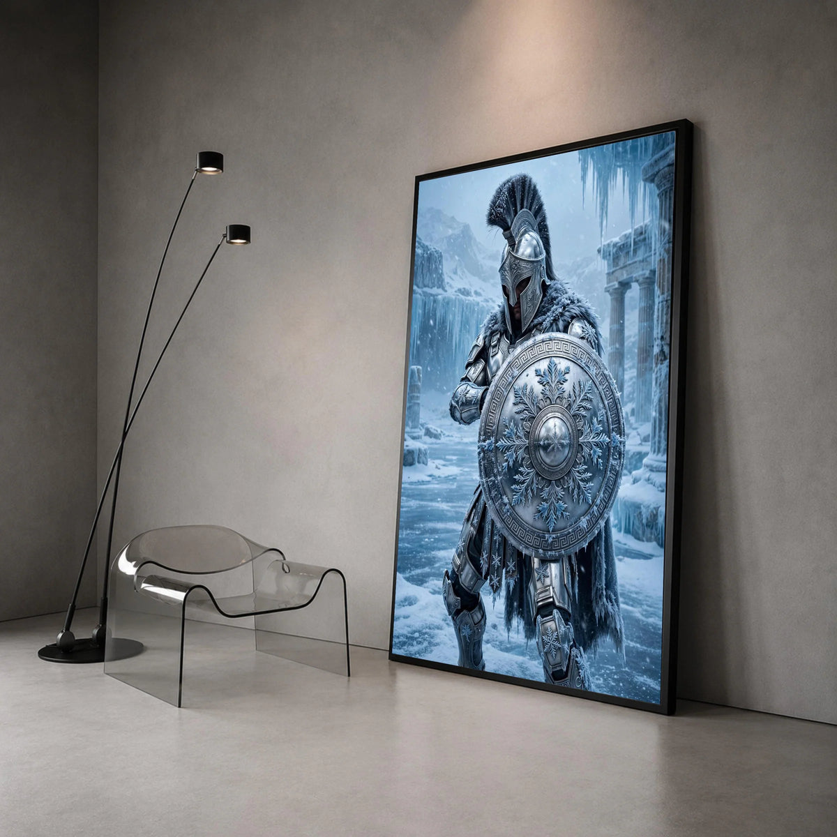 Frosted Spartan Warrior Canvas, Ice Age Armor Art, Snowy Battle Scene Wall Decor, Ancient Greece Shield Design, Winter Canvas Print Art