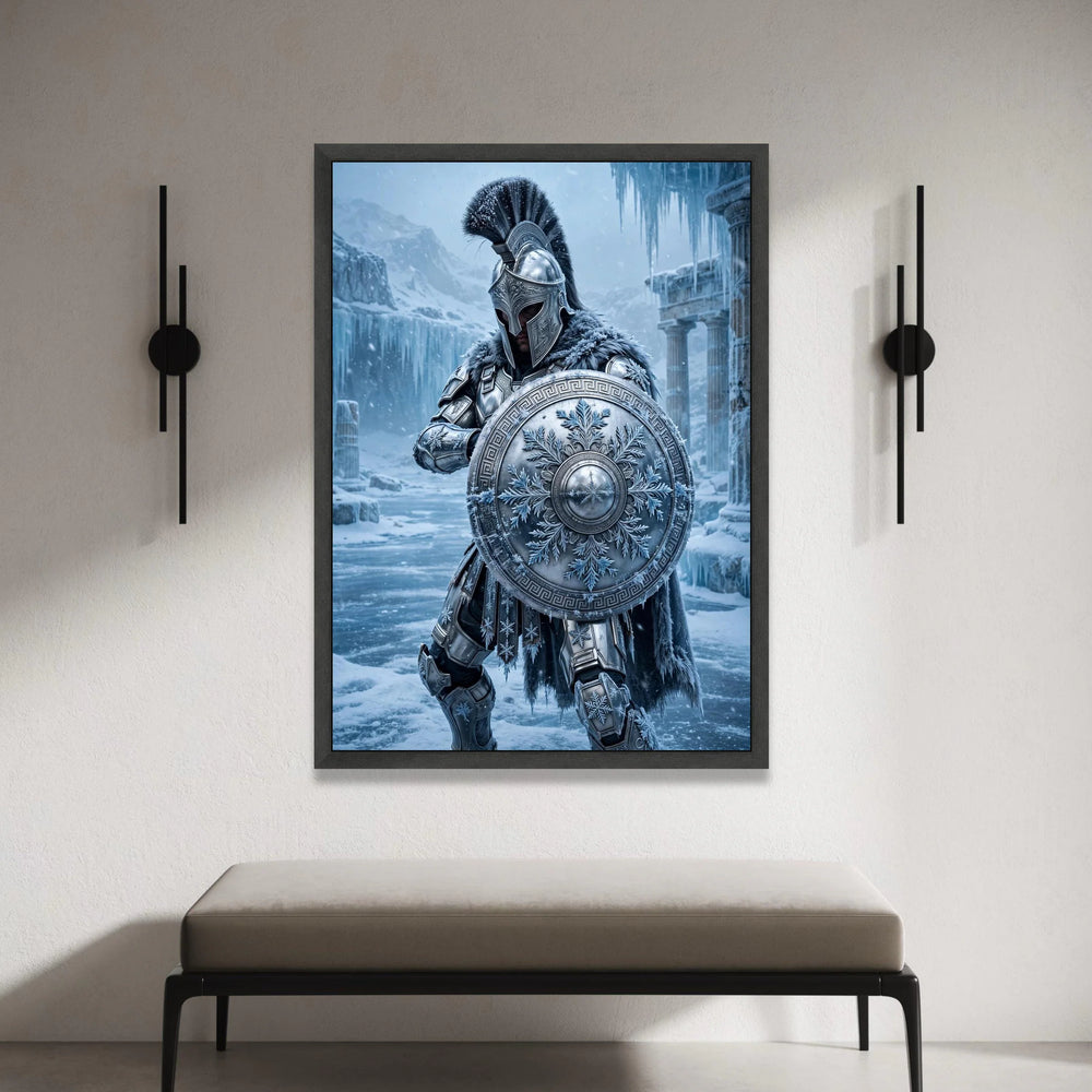 Frosted Spartan Warrior Canvas, Ice Age Armor Art, Snowy Battle Scene Wall Decor, Ancient Greece Shield Design, Winter Canvas Print Art