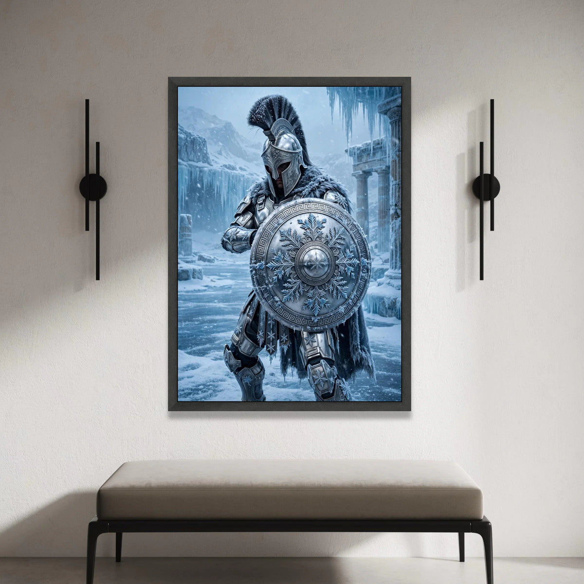 Frosted Spartan Warrior Canvas, Ice Age Armor Art, Snowy Battle Scene Wall Decor, Ancient Greece Shield Design, Winter Canvas Print Art