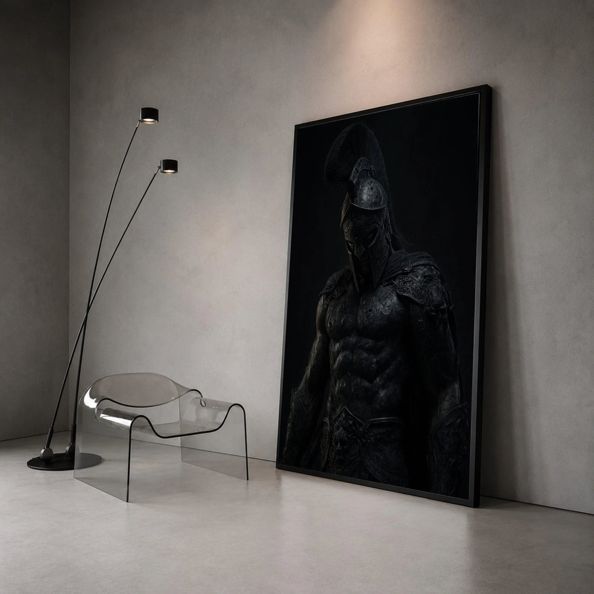 Dark Spartan Warrior Canvas Wall Art, Ancient Greek Armor Canvas, Mythical Hero Decoration, Dramatic Black Poster, Ready to Canvas Print Art
