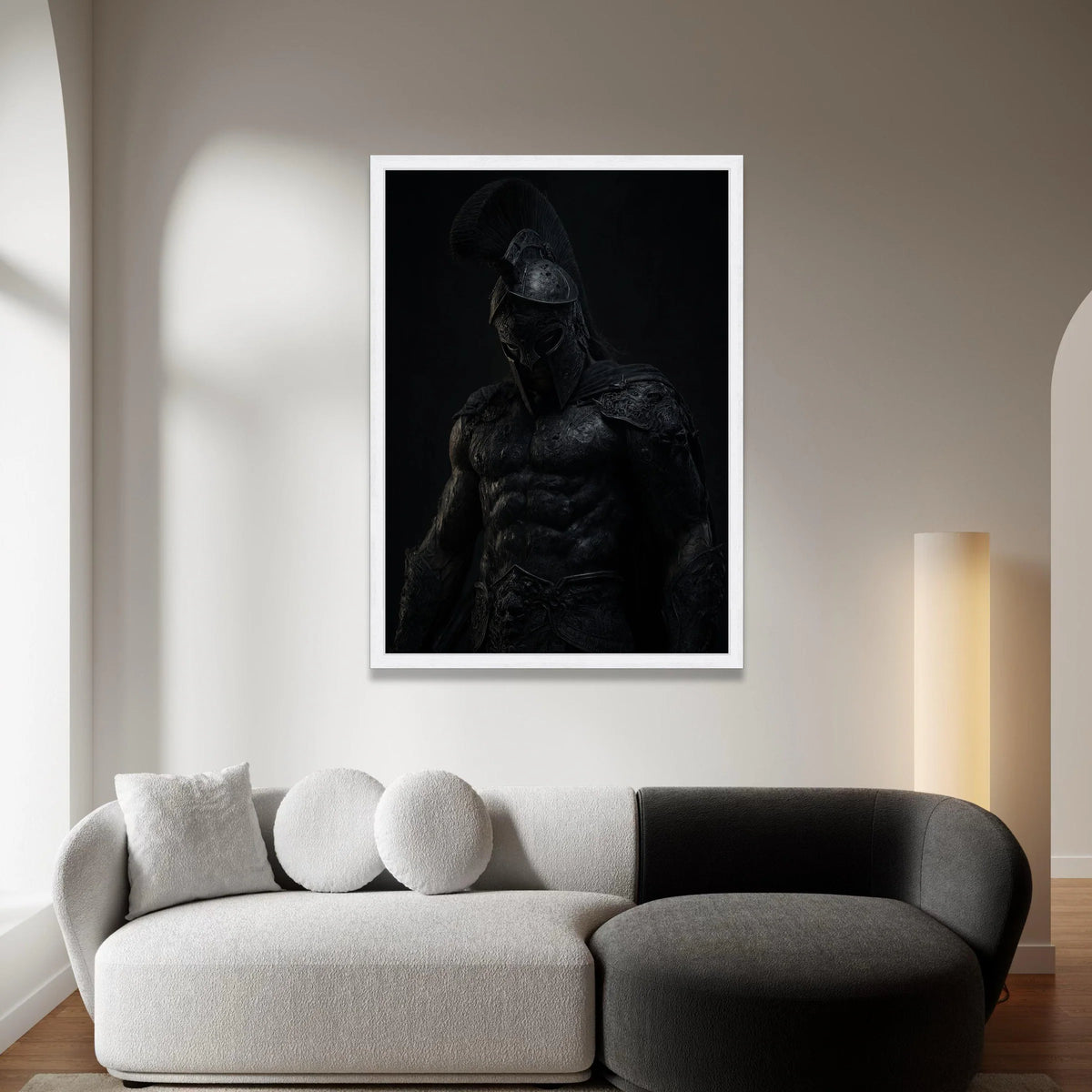 Dark Spartan Warrior Canvas Wall Art, Ancient Greek Armor Canvas, Mythical Hero Decoration, Dramatic Black Poster, Ready to Canvas Print Art