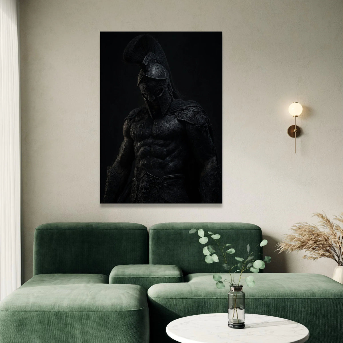Dark Spartan Warrior Canvas Wall Art, Ancient Greek Armor Canvas, Mythical Hero Decoration, Dramatic Black Poster, Ready to Canvas Print Art