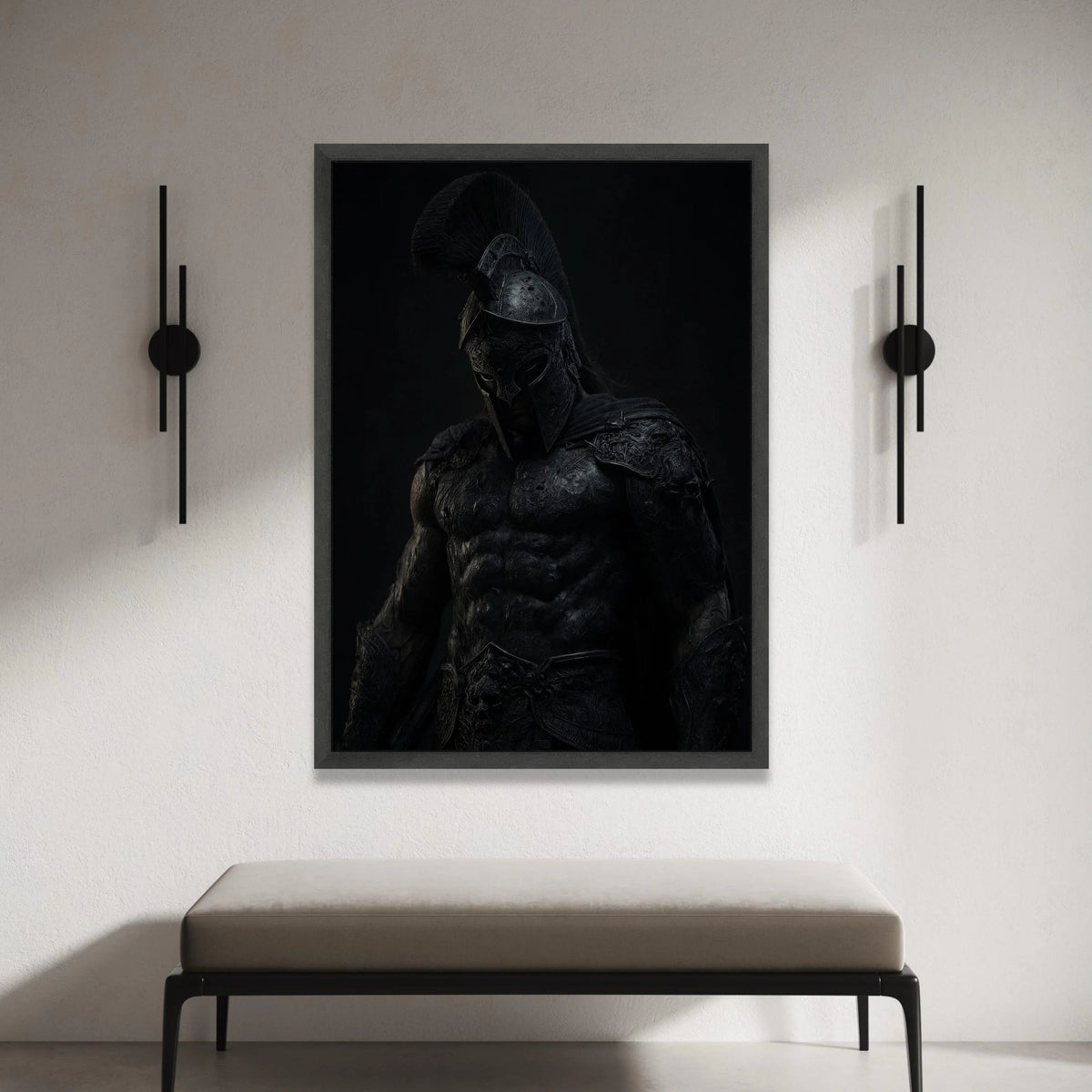 Dark Spartan Warrior Canvas Wall Art, Ancient Greek Armor Canvas, Mythical Hero Decoration, Dramatic Black Poster, Ready to Canvas Print Art