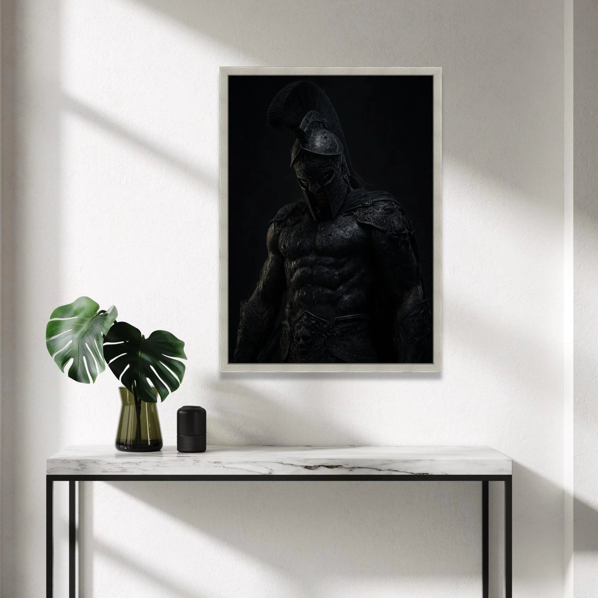 Dark Spartan Warrior Canvas Wall Art, Ancient Greek Armor Canvas, Mythical Hero Decoration, Dramatic Black Poster, Ready to Canvas Print Art