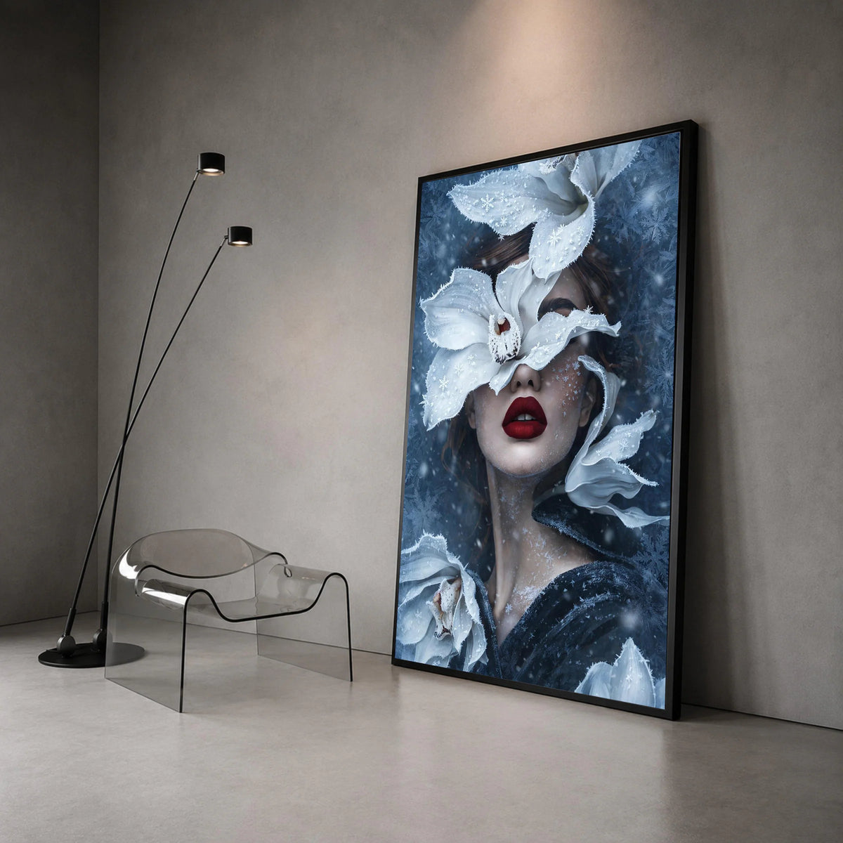 Winter Fantasy Portrait Canvas, Woman with Frosted White Flowers, Surreal Snowflake Art, Feminine Face Wall Decor, Modern Canvas Print Art
