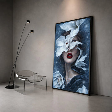 Winter Fantasy Portrait Canvas, Woman with Frosted White Flowers, Surreal Snowflake Art, Feminine Face Wall Decor, Modern Canvas Print Art