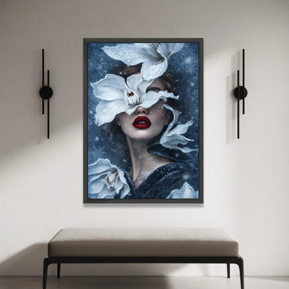 Winter Fantasy Portrait Canvas, Woman with Frosted White Flowers, Surreal Snowflake Art, Feminine Face Wall Decor, Modern Canvas Print Art