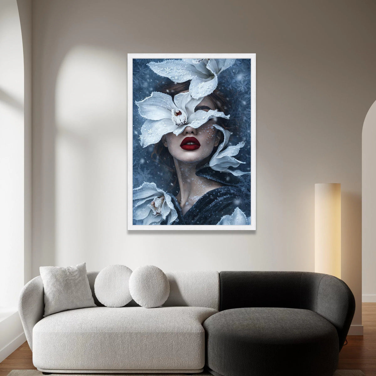 Winter Fantasy Portrait Canvas, Woman with Frosted White Flowers, Surreal Snowflake Art, Feminine Face Wall Decor, Modern Canvas Print Art