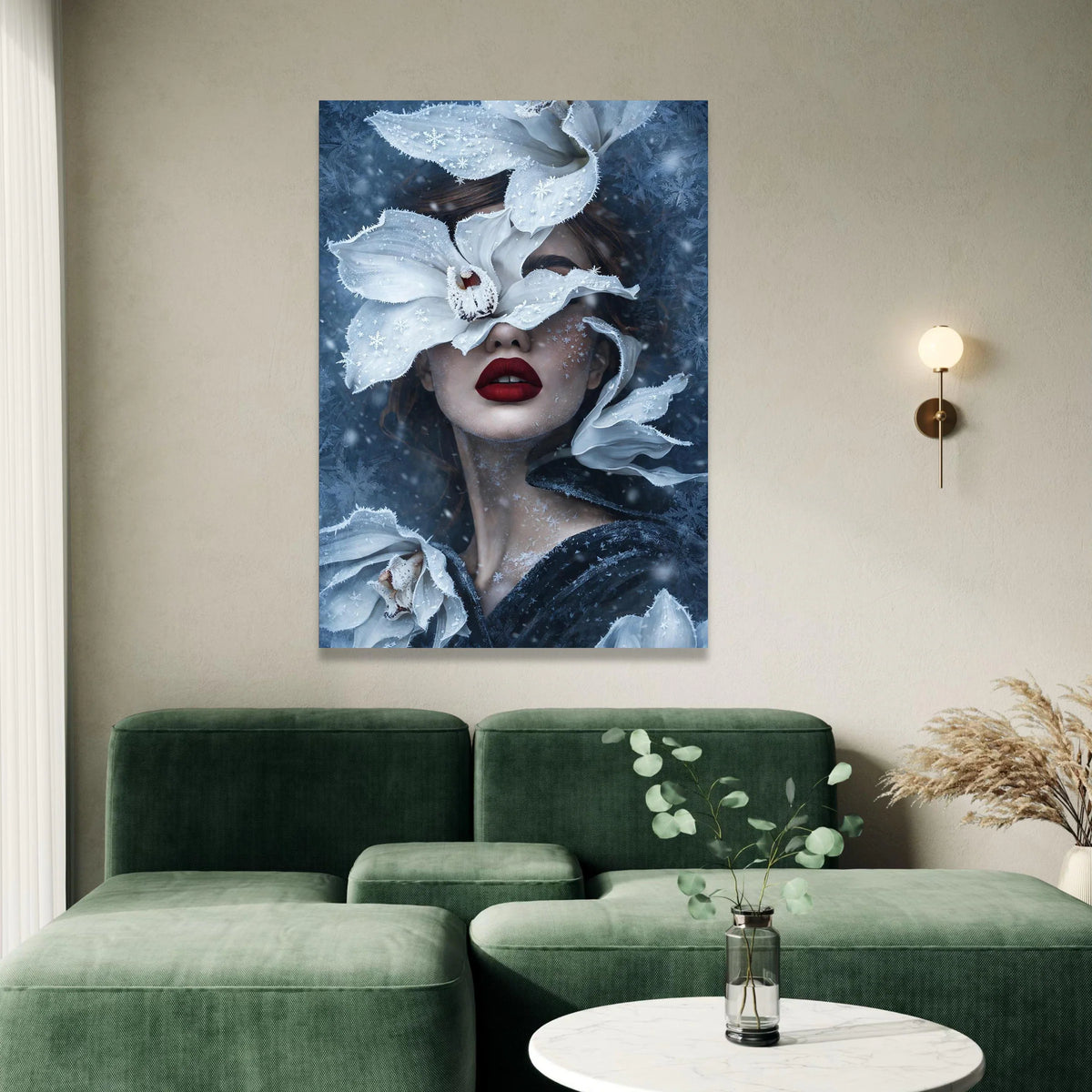 Winter Fantasy Portrait Canvas, Woman with Frosted White Flowers, Surreal Snowflake Art, Feminine Face Wall Decor, Modern Canvas Print Art