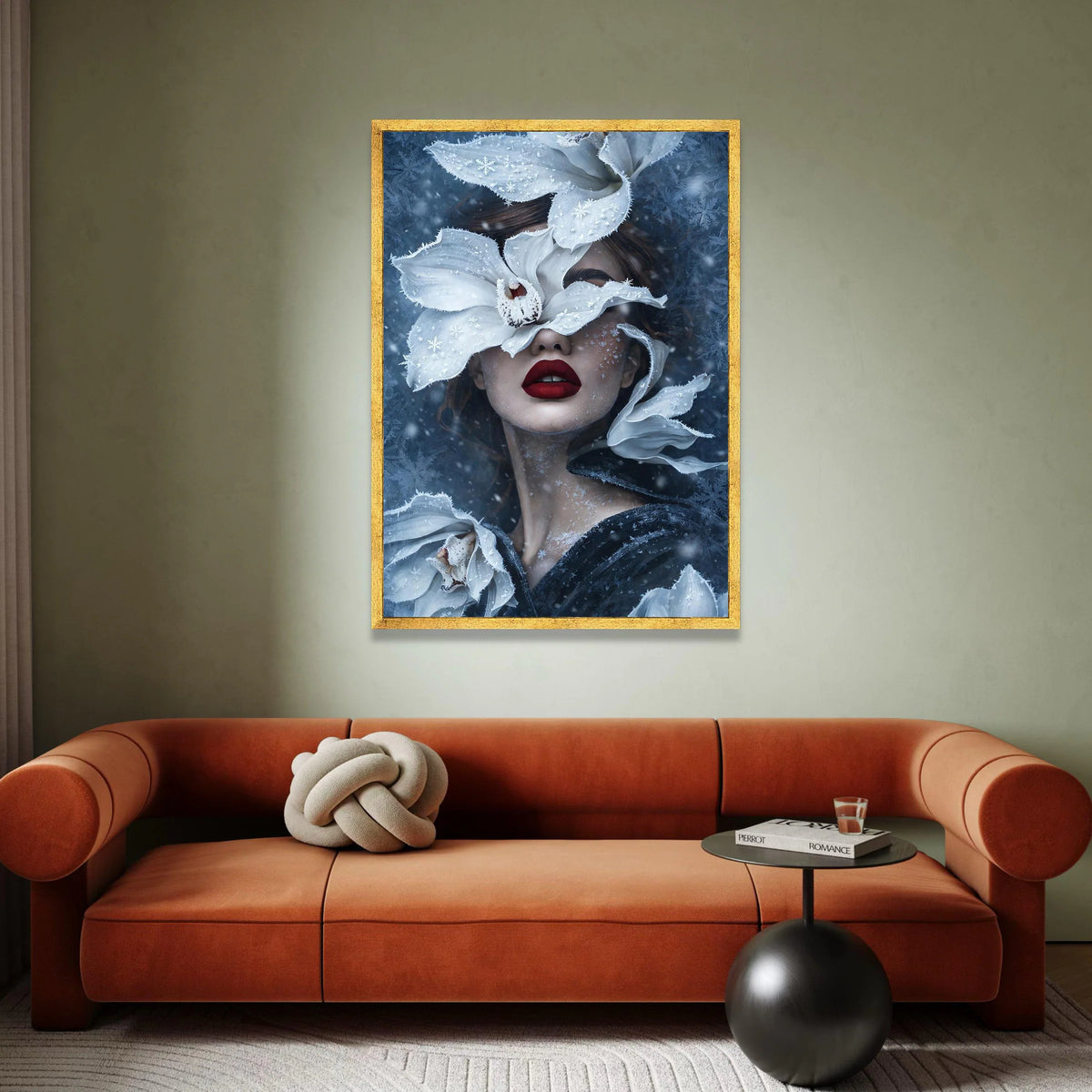 Winter Fantasy Portrait Canvas, Woman with Frosted White Flowers, Surreal Snowflake Art, Feminine Face Wall Decor, Modern Canvas Print Art