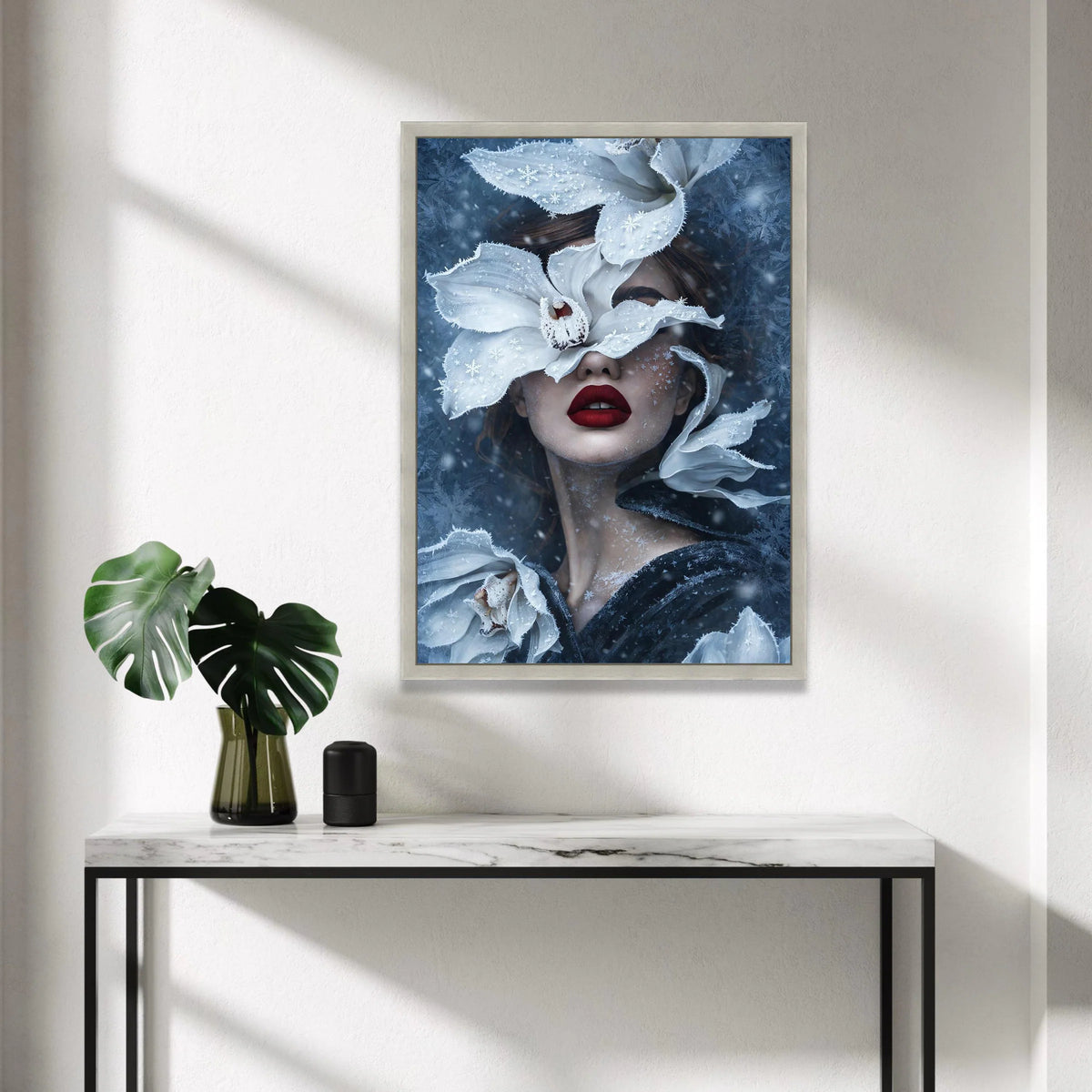Winter Fantasy Portrait Canvas, Woman with Frosted White Flowers, Surreal Snowflake Art, Feminine Face Wall Decor, Modern Canvas Print Art