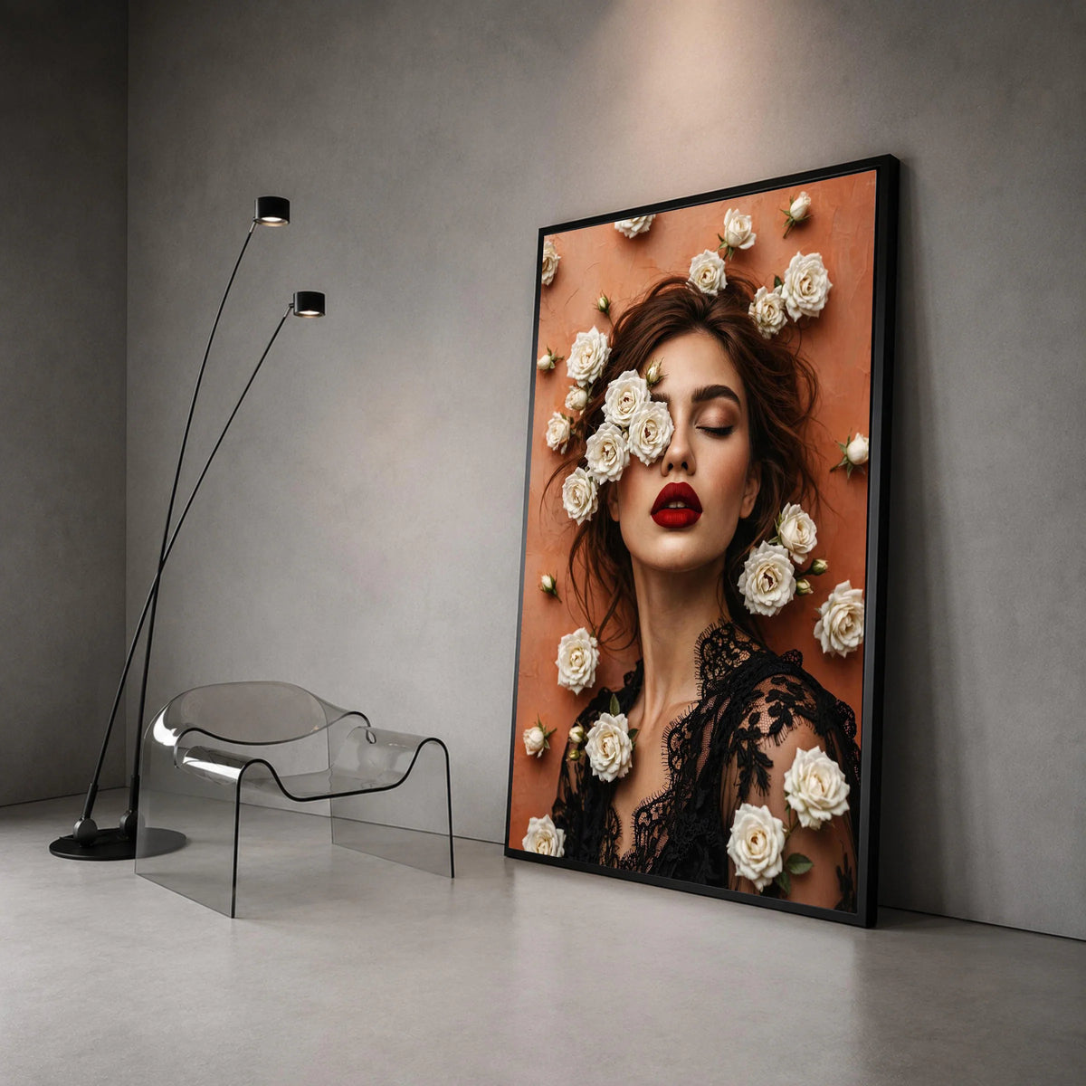 Elegant Woman Portrait Canvas, White Roses Floral Art, Fashion Beauty Wall Decor, Red Lipstick Makeup Canvas, Chic Home Canvas Print Art