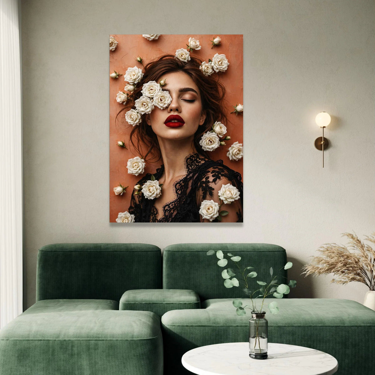Elegant Woman Portrait Canvas, White Roses Floral Art, Fashion Beauty Wall Decor, Red Lipstick Makeup Canvas, Chic Home Canvas Print Art