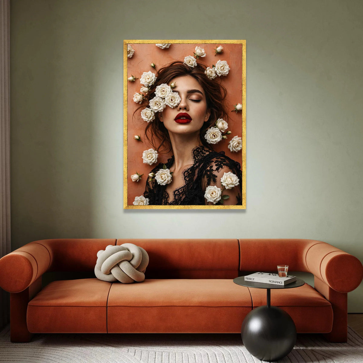 Elegant Woman Portrait Canvas, White Roses Floral Art, Fashion Beauty Wall Decor, Red Lipstick Makeup Canvas, Chic Home Canvas Print Art