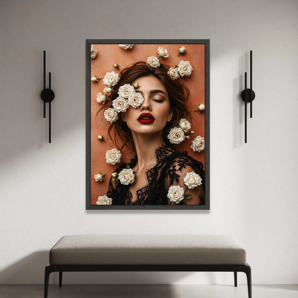 Elegant Woman Portrait Canvas, White Roses Floral Art, Fashion Beauty Wall Decor, Red Lipstick Makeup Canvas, Chic Home Canvas Print Art