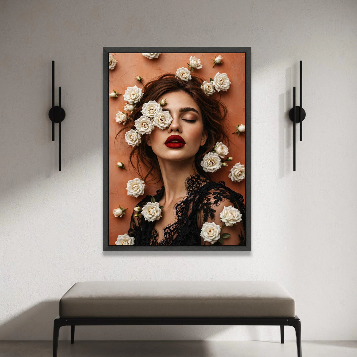 Elegant Woman Portrait Canvas, White Roses Floral Art, Fashion Beauty Wall Decor, Red Lipstick Makeup Canvas, Chic Home Canvas Print Art
