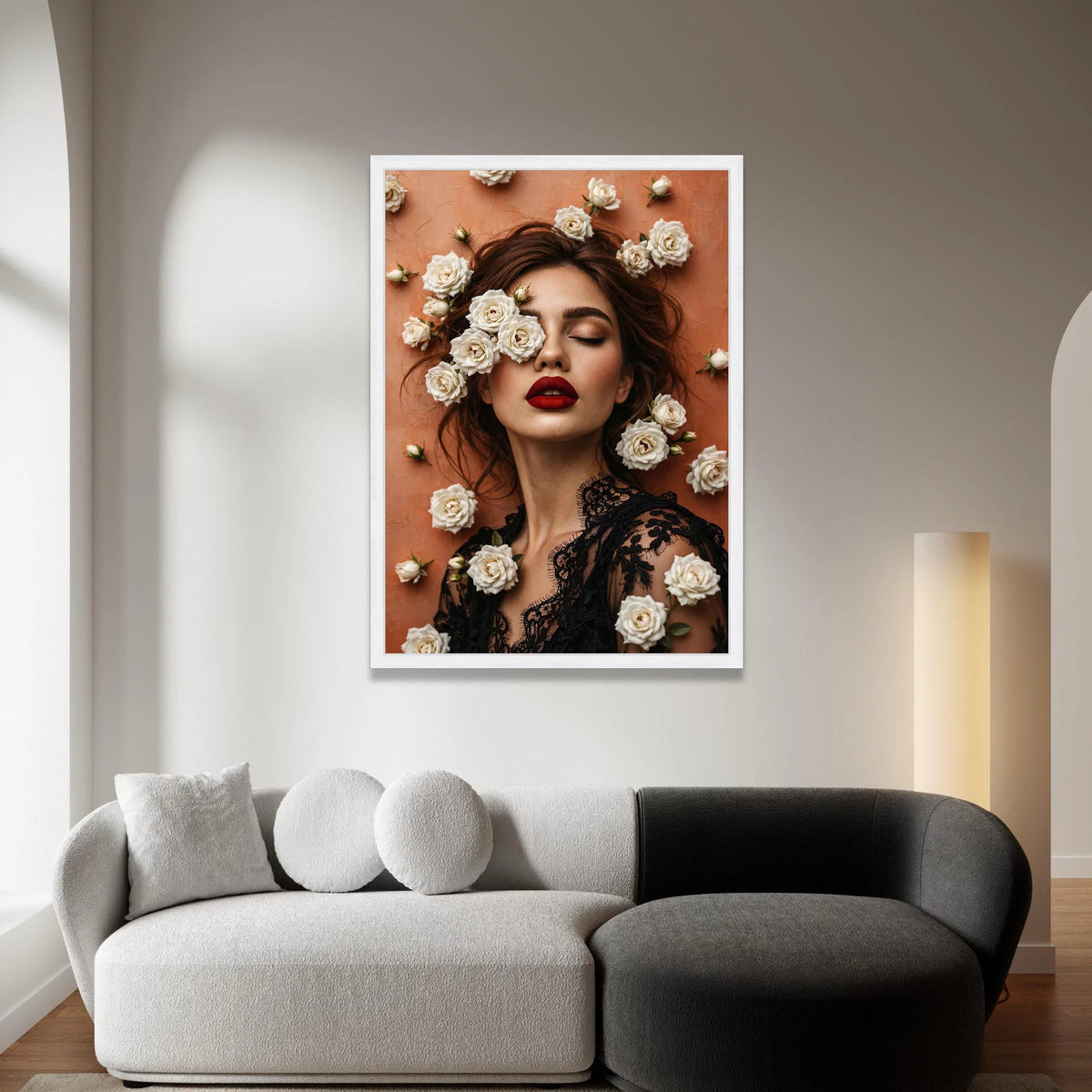 Elegant Woman Portrait Canvas, White Roses Floral Art, Fashion Beauty Wall Decor, Red Lipstick Makeup Canvas, Chic Home Canvas Print Art