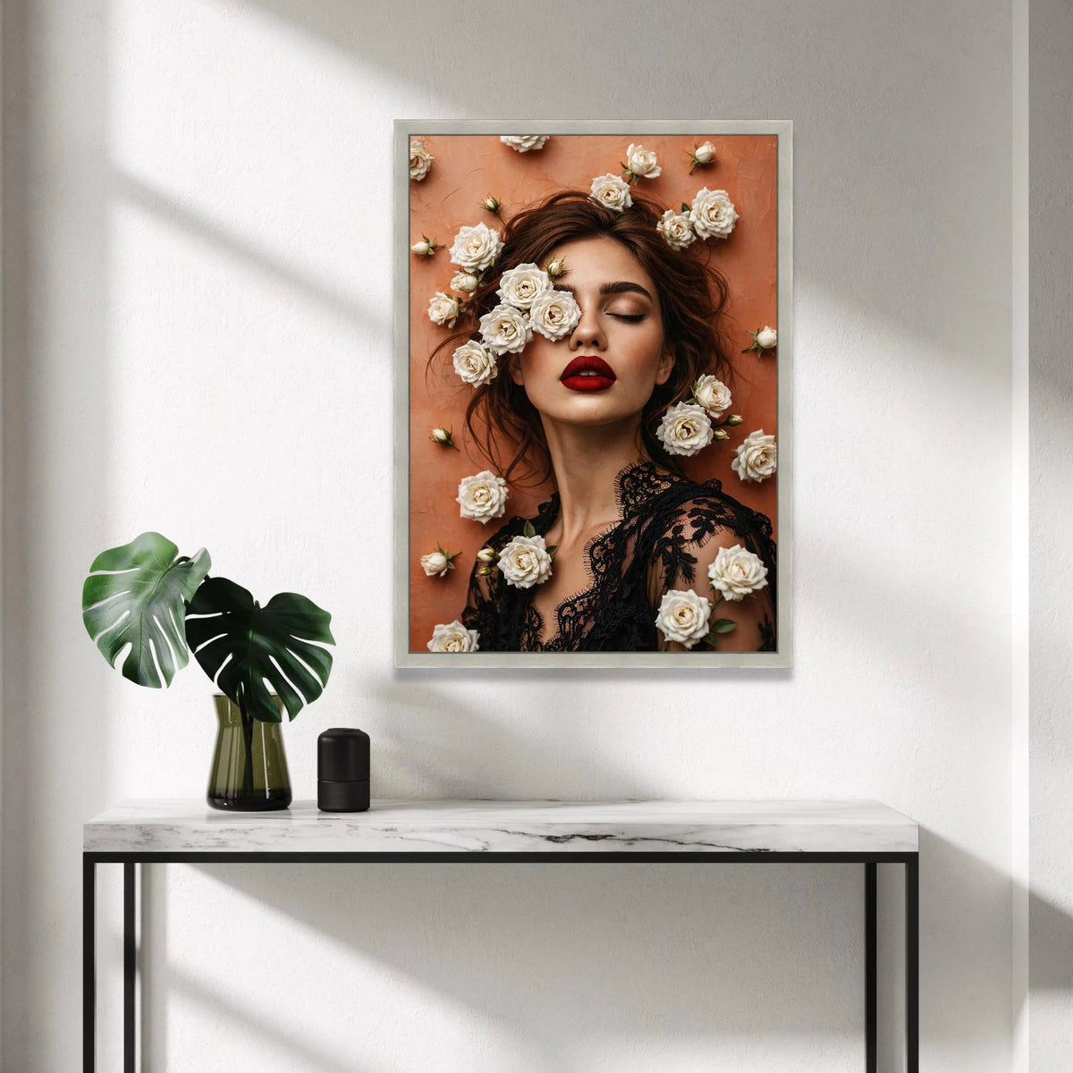 Elegant Woman Portrait Canvas, White Roses Floral Art, Fashion Beauty Wall Decor, Red Lipstick Makeup Canvas, Chic Home Canvas Print Art