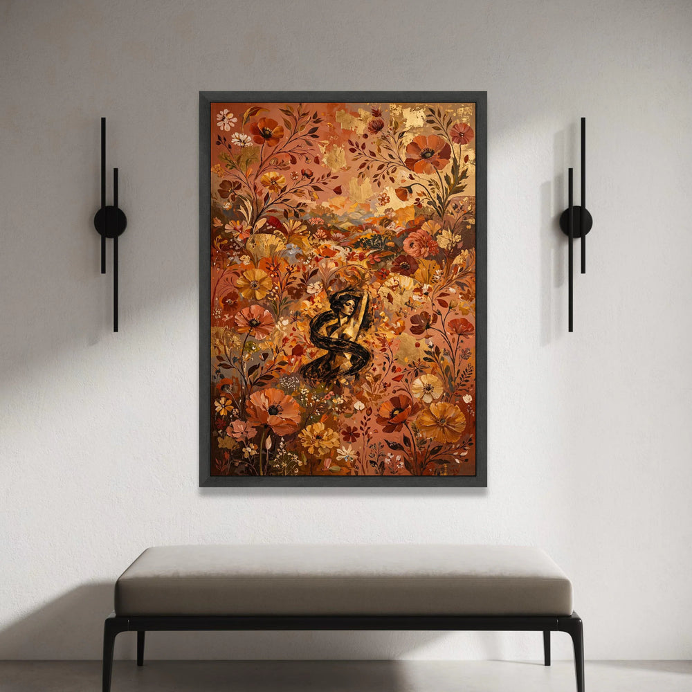 Elegant Woman Among Autumn Flowers Canvas, Floral Wall Art, Bohemian Canvas Decoration, Warm Color Palette, Nature Canvas Canvas Print Art