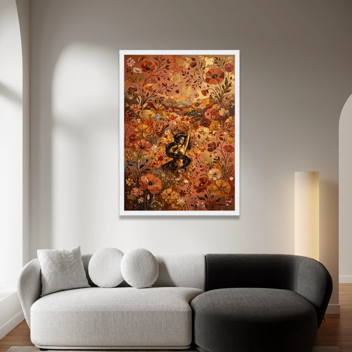 Elegant Woman Among Autumn Flowers Canvas, Floral Wall Art, Bohemian Canvas Decoration, Warm Color Palette, Nature Canvas Canvas Print Art