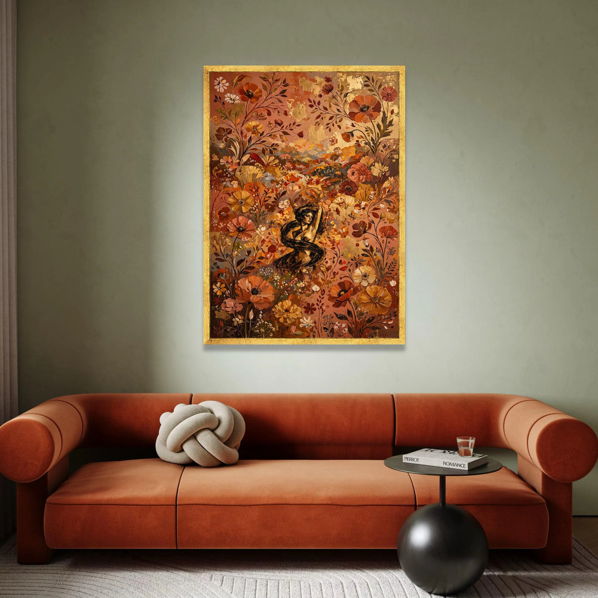 Elegant Woman Among Autumn Flowers Canvas, Floral Wall Art, Bohemian Canvas Decoration, Warm Color Palette, Nature Canvas Canvas Print Art