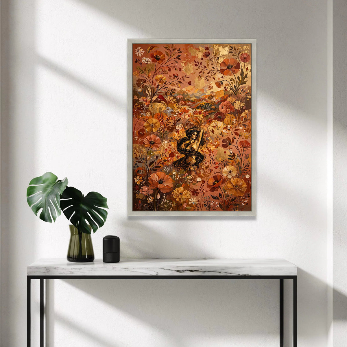 Elegant Woman Among Autumn Flowers Canvas, Floral Wall Art, Bohemian Canvas Decoration, Warm Color Palette, Nature Canvas Canvas Print Art