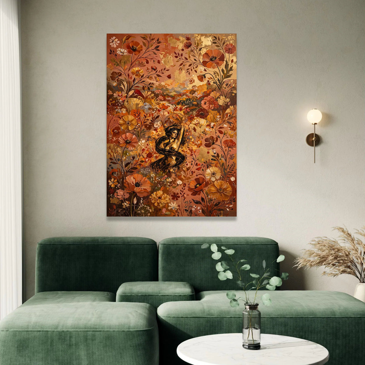 Elegant Woman Among Autumn Flowers Canvas, Floral Wall Art, Bohemian Canvas Decoration, Warm Color Palette, Nature Canvas Canvas Print Art