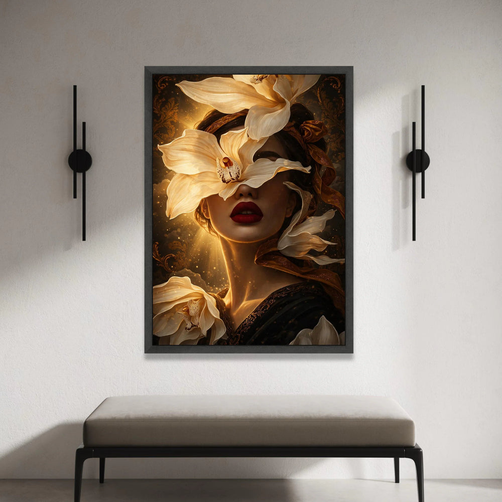 Elegant Woman Portrait with White Flowers Canvas, Surreal Floral Face Art, Gold and Black Decorative Wall Art, Modern Home Canvas Print Art