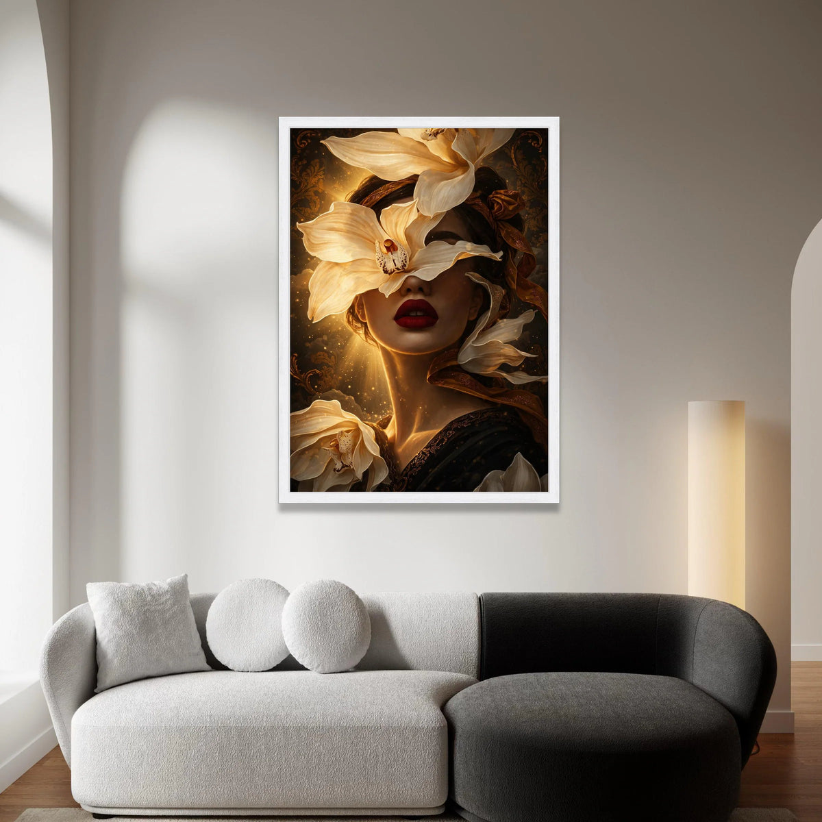 Elegant Woman Portrait with White Flowers Canvas, Surreal Floral Face Art, Gold and Black Decorative Wall Art, Modern Home Canvas Print Art
