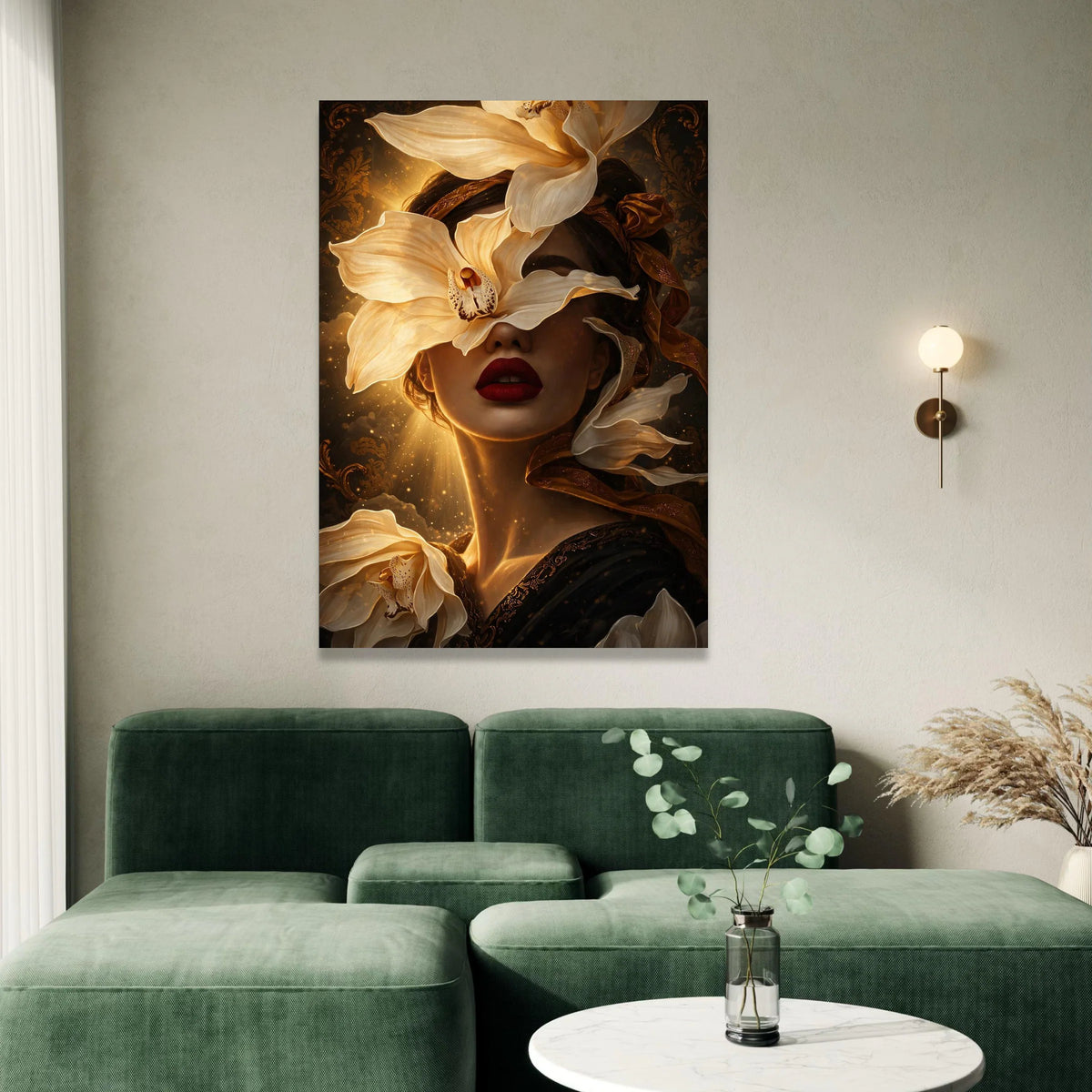 Elegant Woman Portrait with White Flowers Canvas, Surreal Floral Face Art, Gold and Black Decorative Wall Art, Modern Home Canvas Print Art