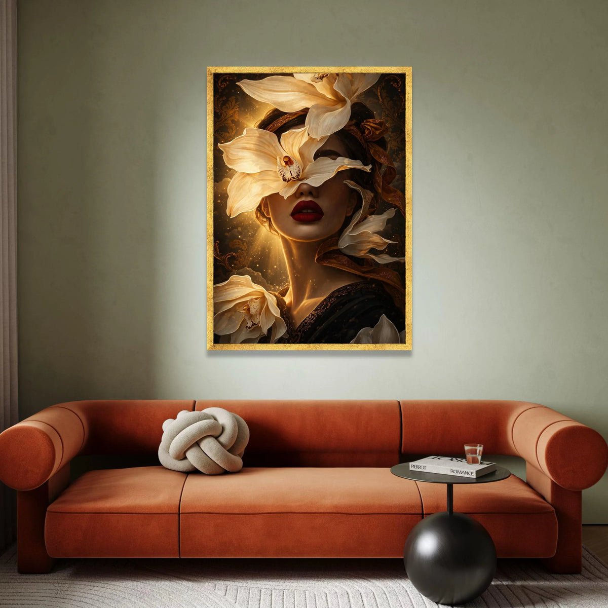 Elegant Woman Portrait with White Flowers Canvas, Surreal Floral Face Art, Gold and Black Decorative Wall Art, Modern Home Canvas Print Art