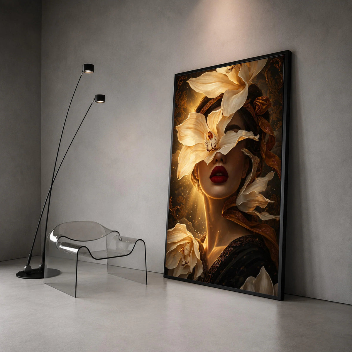 Elegant Woman Portrait with White Flowers Canvas, Surreal Floral Face Art, Gold and Black Decorative Wall Art, Modern Home Canvas Print Art