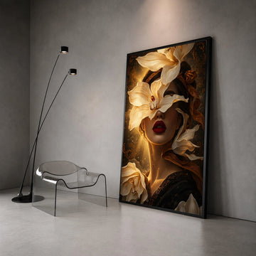 Elegant Woman Portrait with White Flowers Canvas, Surreal Floral Face Art, Gold and Black Decorative Wall Art, Modern Home Canvas Print Art