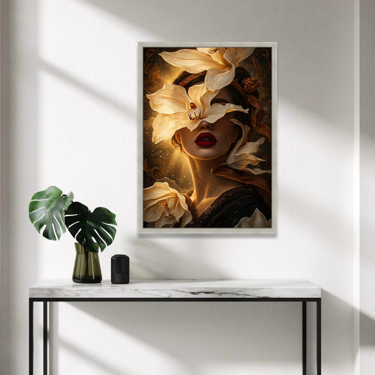 Elegant Woman Portrait with White Flowers Canvas, Surreal Floral Face Art, Gold and Black Decorative Wall Art, Modern Home Canvas Print Art