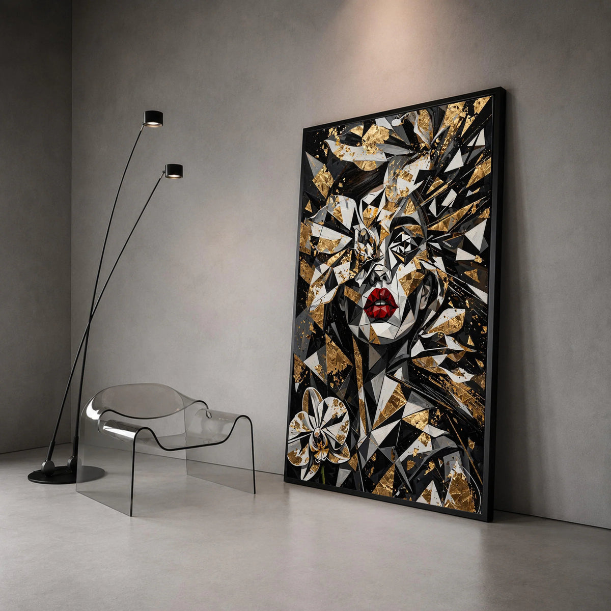 Abstract Geometric Woman Portrait Canvas, Black and Gold Floral Wall Art, Modern Red Lips Design, Unique Home Decoration, Canvas Print Art