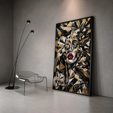 Abstract Geometric Woman Portrait Canvas, Black and Gold Floral Wall Art, Modern Red Lips Design, Unique Home Decoration, Canvas Print Art