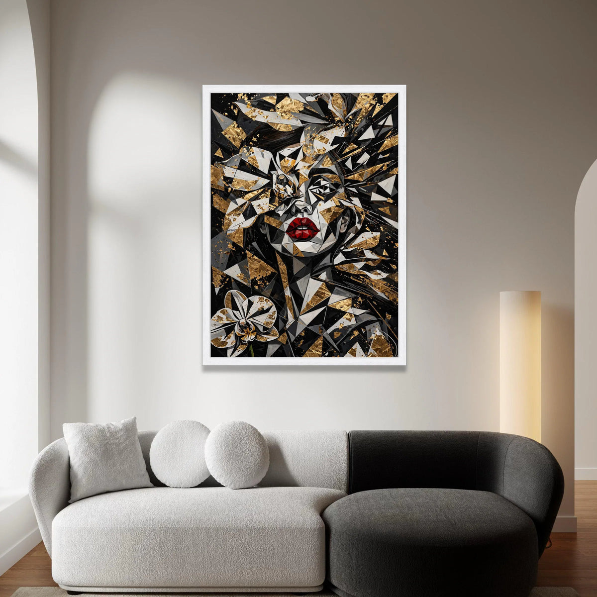 Abstract Geometric Woman Portrait Canvas, Black and Gold Floral Wall Art, Modern Red Lips Design, Unique Home Decoration, Canvas Print Art