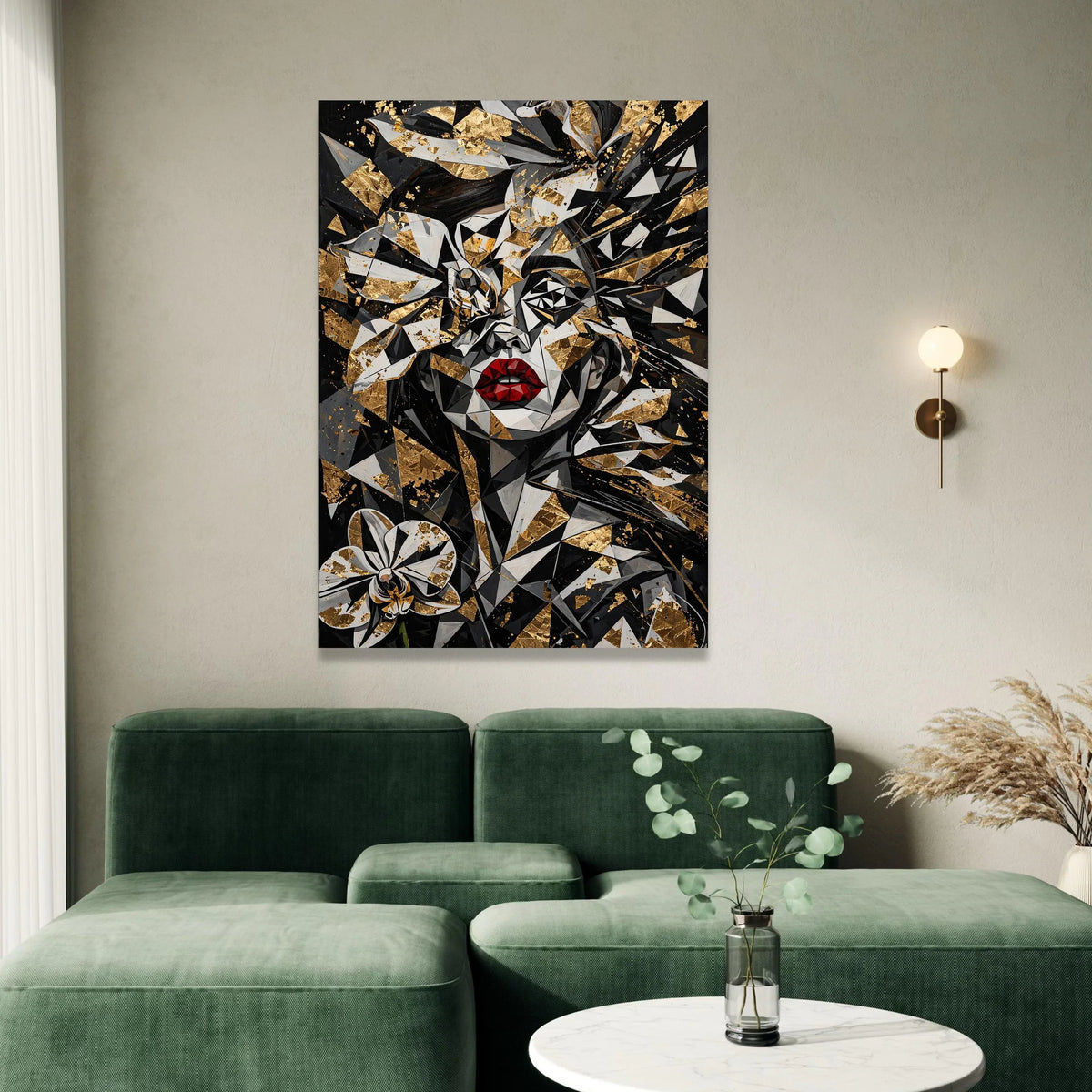 Abstract Geometric Woman Portrait Canvas, Black and Gold Floral Wall Art, Modern Red Lips Design, Unique Home Decoration, Canvas Print Art