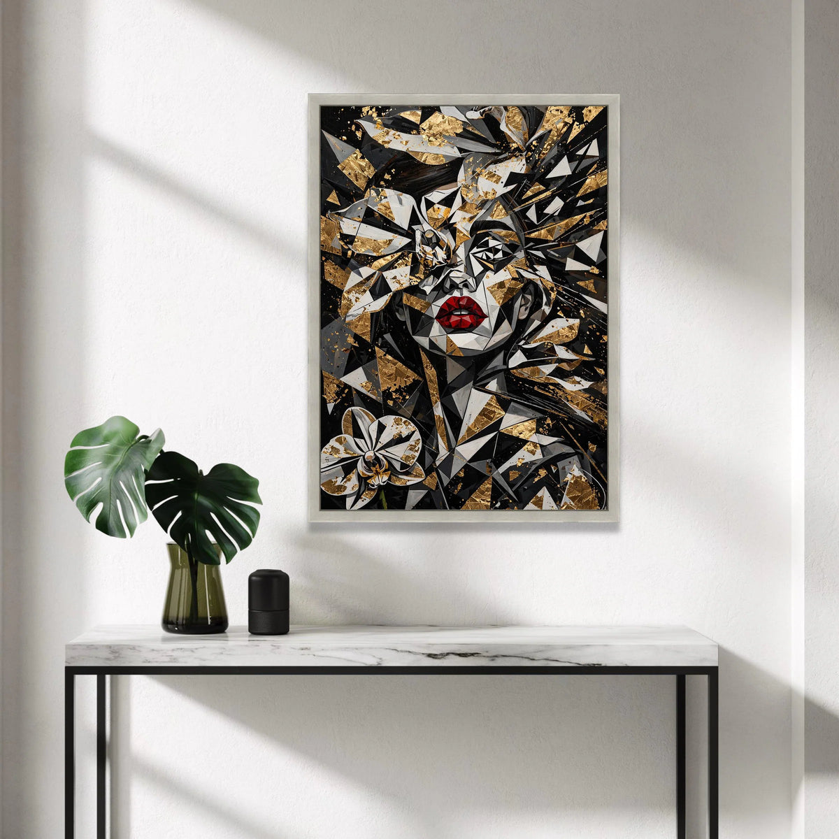 Abstract Geometric Woman Portrait Canvas, Black and Gold Floral Wall Art, Modern Red Lips Design, Unique Home Decoration, Canvas Print Art