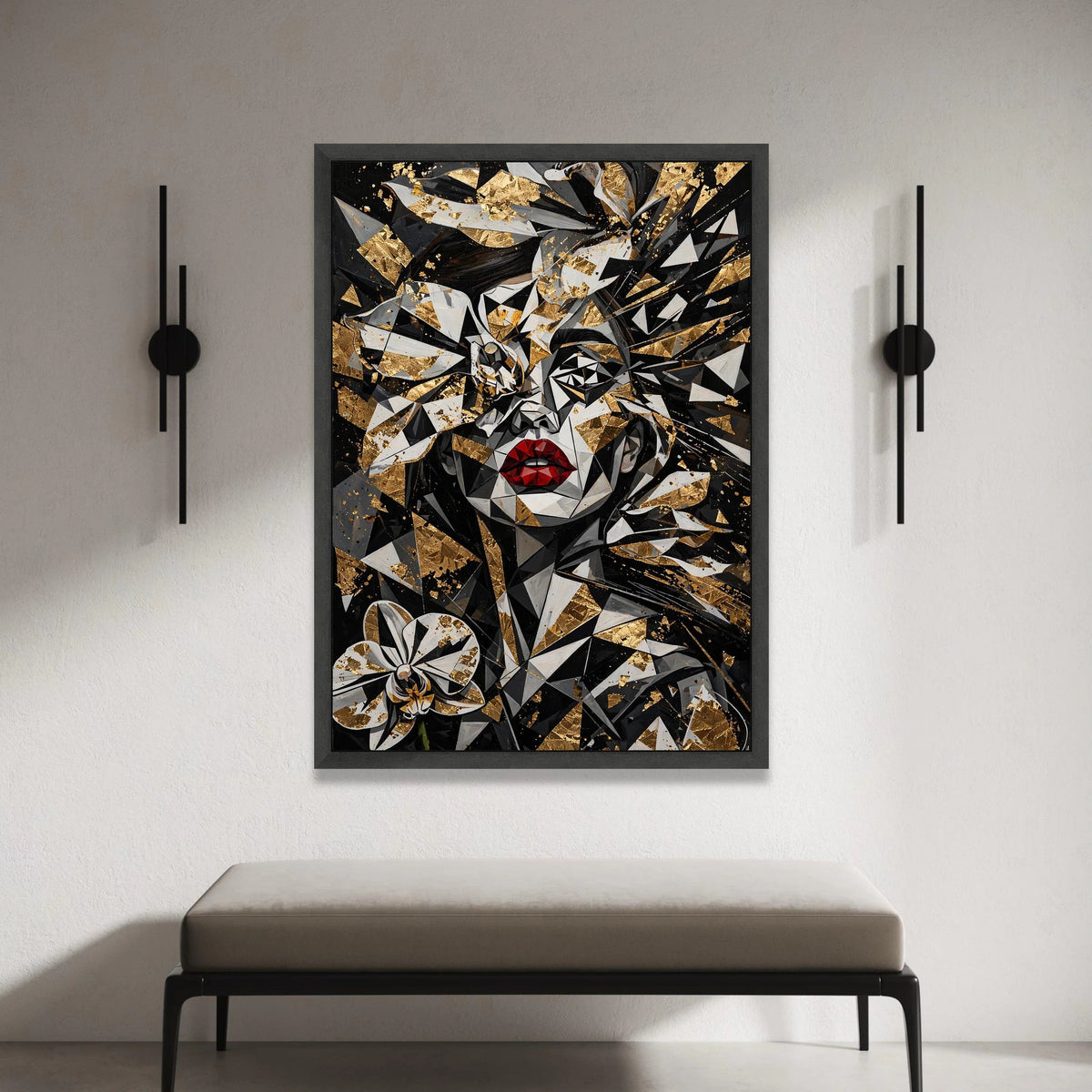 Abstract Geometric Woman Portrait Canvas, Black and Gold Floral Wall Art, Modern Red Lips Design, Unique Home Decoration, Canvas Print Art