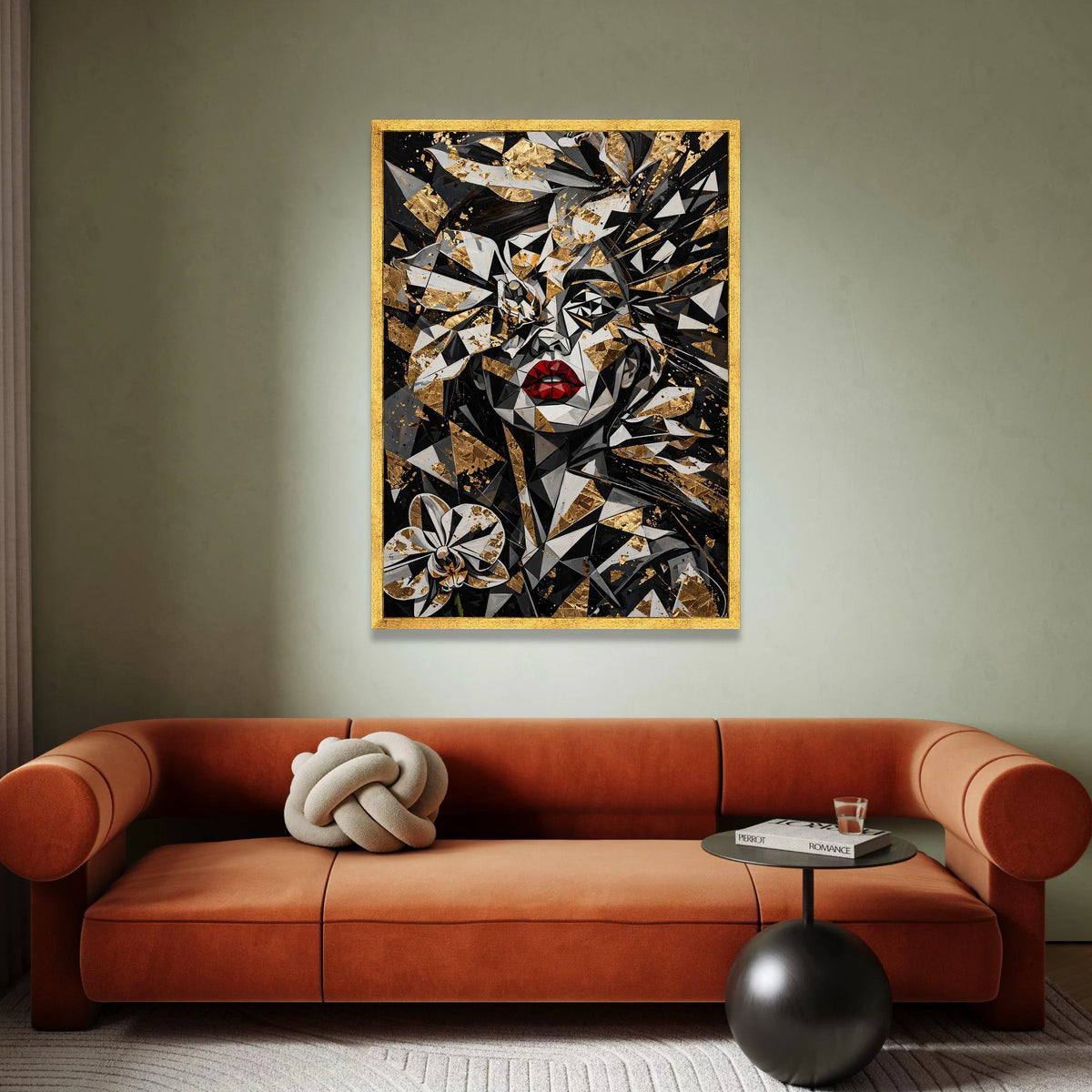 Abstract Geometric Woman Portrait Canvas, Black and Gold Floral Wall Art, Modern Red Lips Design, Unique Home Decoration, Canvas Print Art