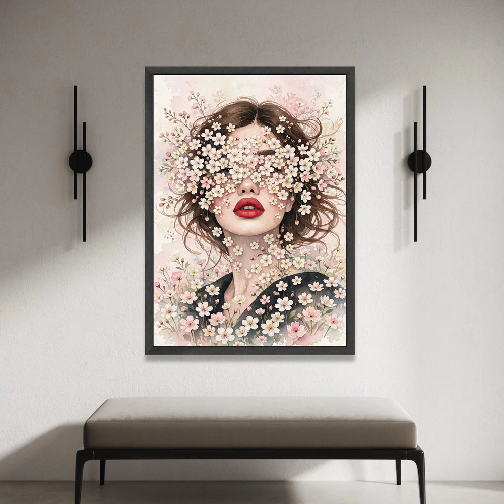 Floral Face Portrait Canvas, Woman with Blossoms Wall Art, Spring Flower Decoration, Feminine Beauty Canvas, Blooming Canvas Print Art