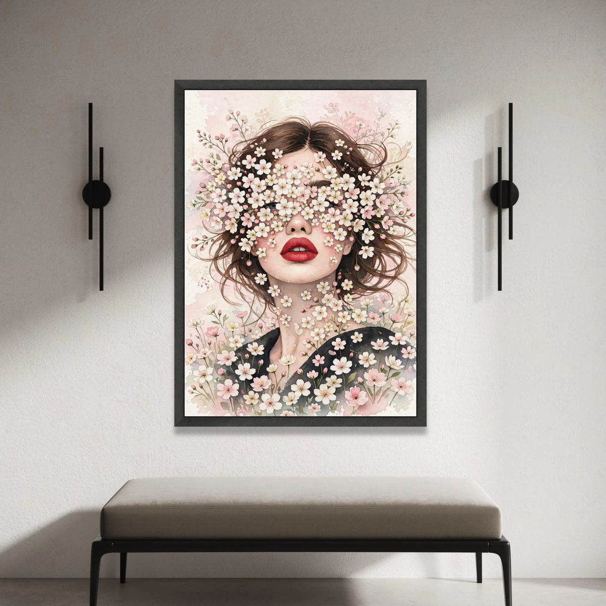 Floral Face Portrait Canvas, Woman with Blossoms Wall Art, Spring Flower Decoration, Feminine Beauty Canvas, Blooming Canvas Print Art