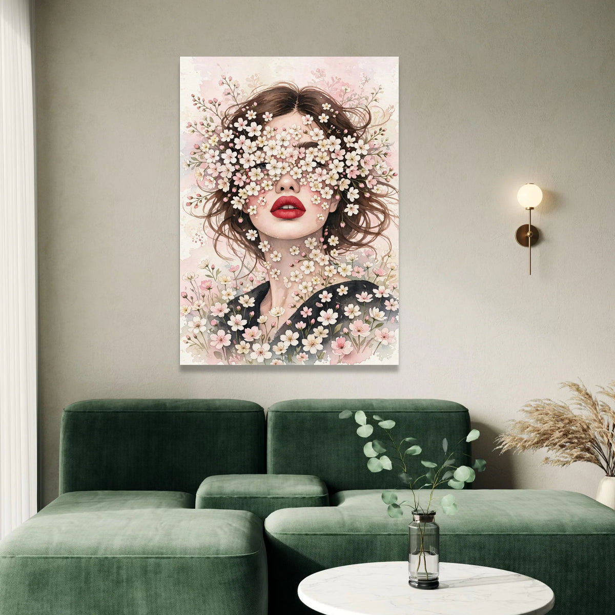 Floral Face Portrait Canvas, Woman with Blossoms Wall Art, Spring Flower Decoration, Feminine Beauty Canvas, Blooming Canvas Print Art