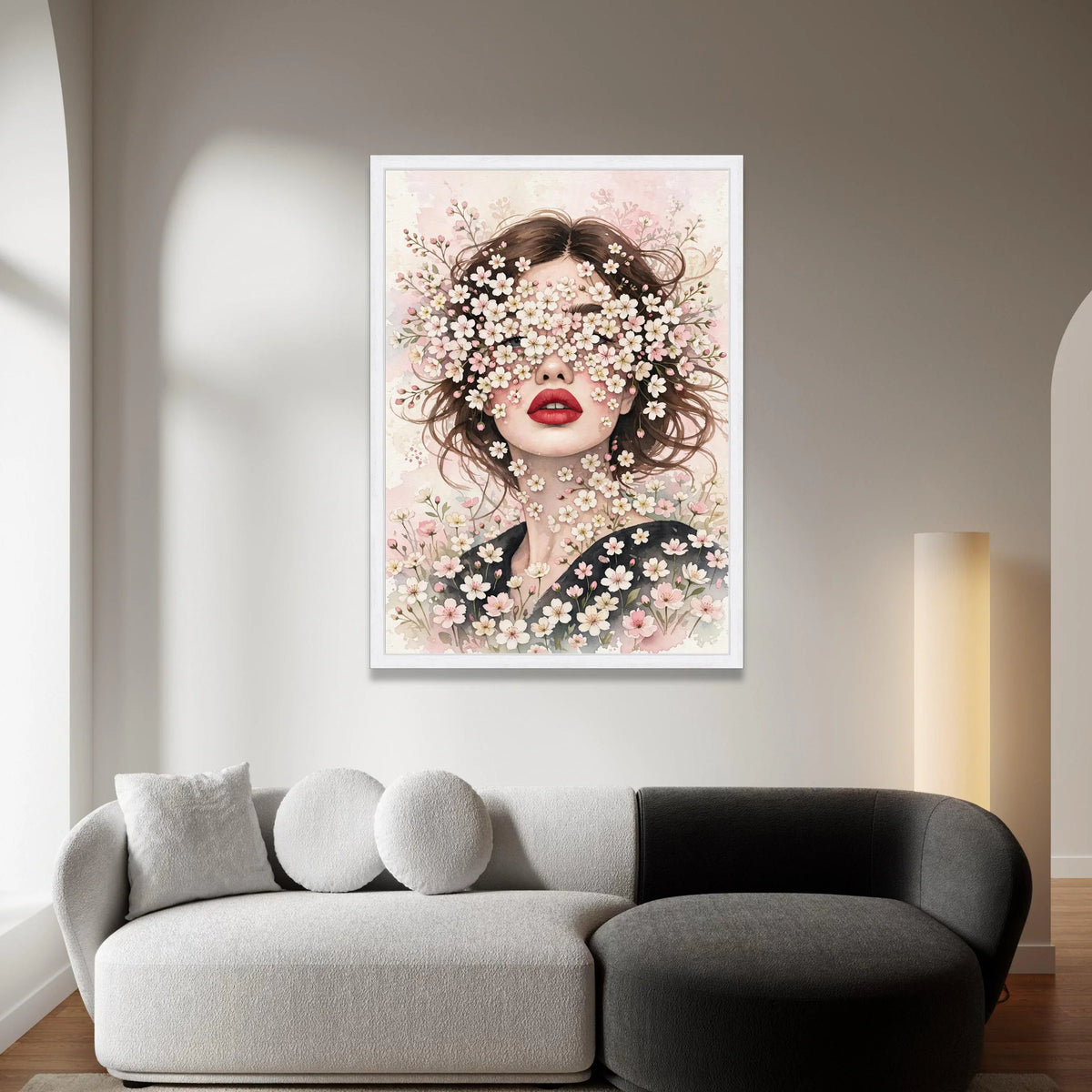 Floral Face Portrait Canvas, Woman with Blossoms Wall Art, Spring Flower Decoration, Feminine Beauty Canvas, Blooming Canvas Print Art