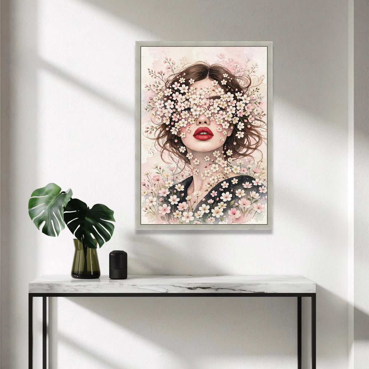 Floral Face Portrait Canvas, Woman with Blossoms Wall Art, Spring Flower Decoration, Feminine Beauty Canvas, Blooming Canvas Print Art