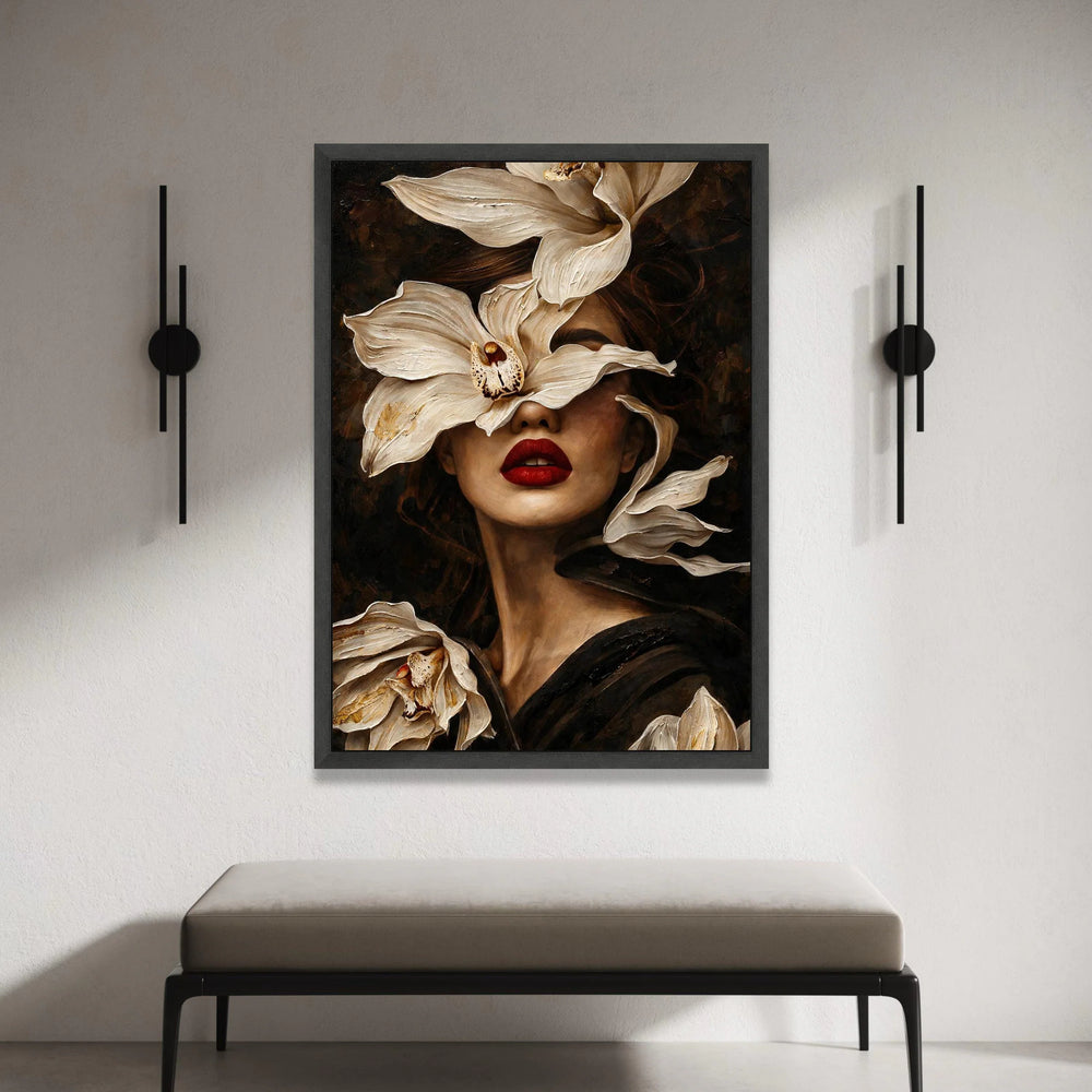 Elegant Woman Portrait Canvas, White Flowers Face Art, Red Lips Wall Decor, Botanical Feminine Canvas, Stylish Home Canvas Print Art